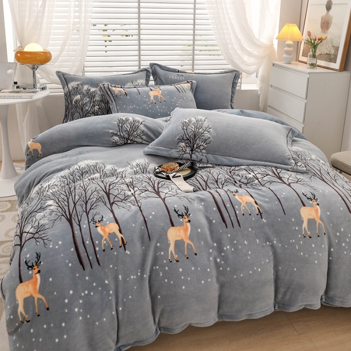 91家纺网 家纺一手货源 找家纺 优姿2022新款9斤重牛奶棉床裙款四件套 小鹿-灰