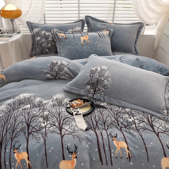 91家纺网 家纺一手货源 找家纺 优姿2022新款9斤重牛奶棉床裙款四件套 小鹿-灰