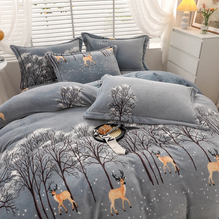 91家纺网 家纺一手货源 找家纺 优姿2022新款9斤重牛奶棉床裙款四件套 小鹿-灰