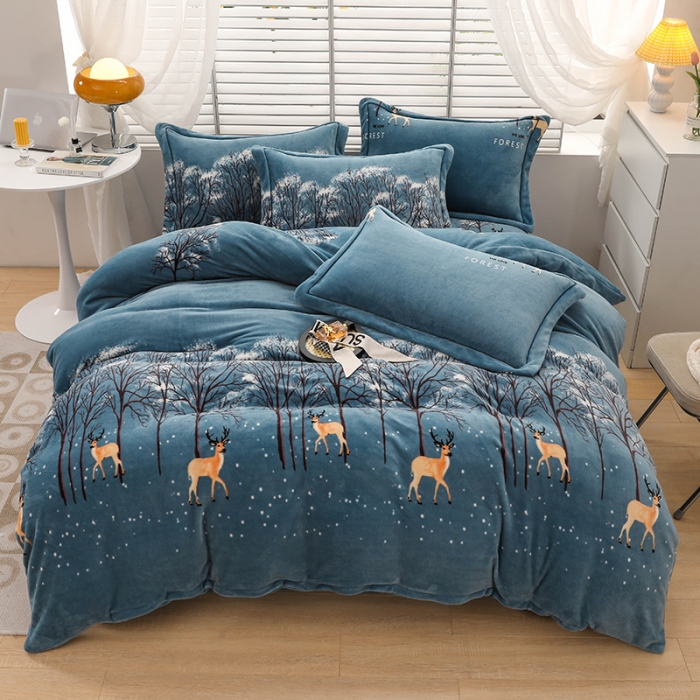 91家纺网 家纺一手货源 找家纺 优姿2022新款9斤重牛奶棉床裙款四件套 小鹿-兰