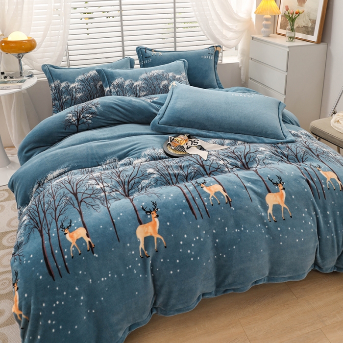 91家纺网 家纺一手货源 找家纺 优姿2022新款9斤重牛奶棉床裙款四件套 小鹿-兰