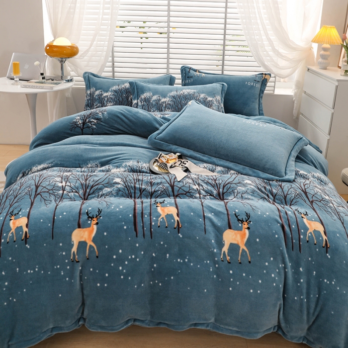 91家纺网 家纺一手货源 找家纺 优姿2022新款9斤重牛奶棉床裙款四件套 小鹿-兰