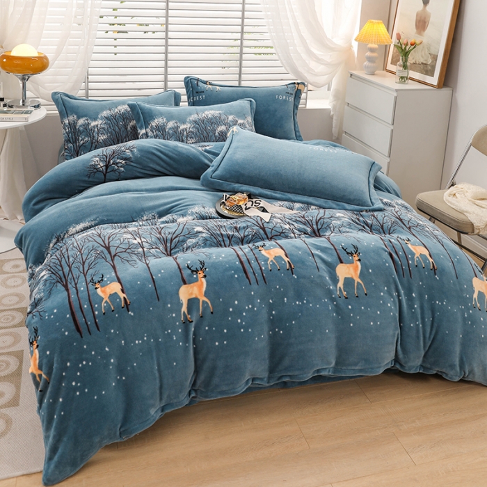 91家纺网 家纺一手货源 找家纺 优姿2022新款9斤重牛奶棉床裙款四件套 小鹿-兰