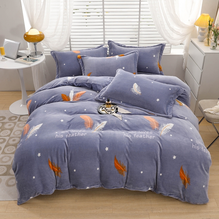 91家纺网 家纺一手货源 找家纺 优姿2022新款9斤重牛奶棉床裙款四件套 羽叶