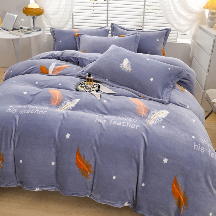 91家纺网 家纺一手货源 找家纺 优姿2022新款9斤重牛奶棉床裙款四件套 羽叶