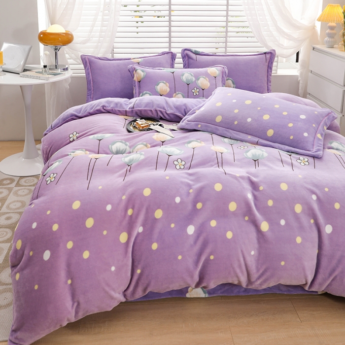 91家纺网 家纺一手货源 找家纺 优姿2022新款9斤重牛奶棉床裙款四件套 郁金花香-紫