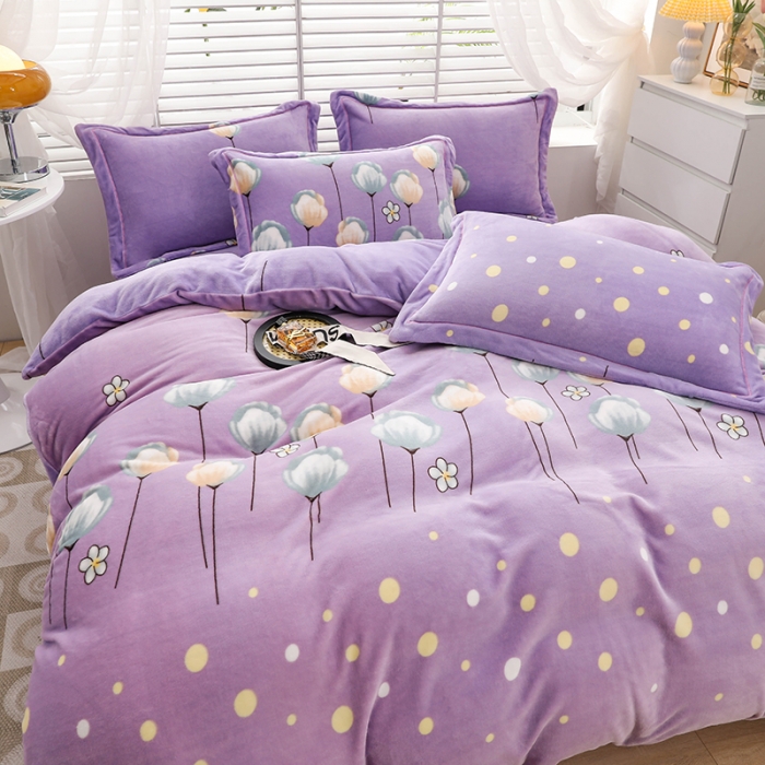 91家纺网 家纺一手货源 找家纺 优姿2022新款9斤重牛奶棉床裙款四件套 郁金花香-紫