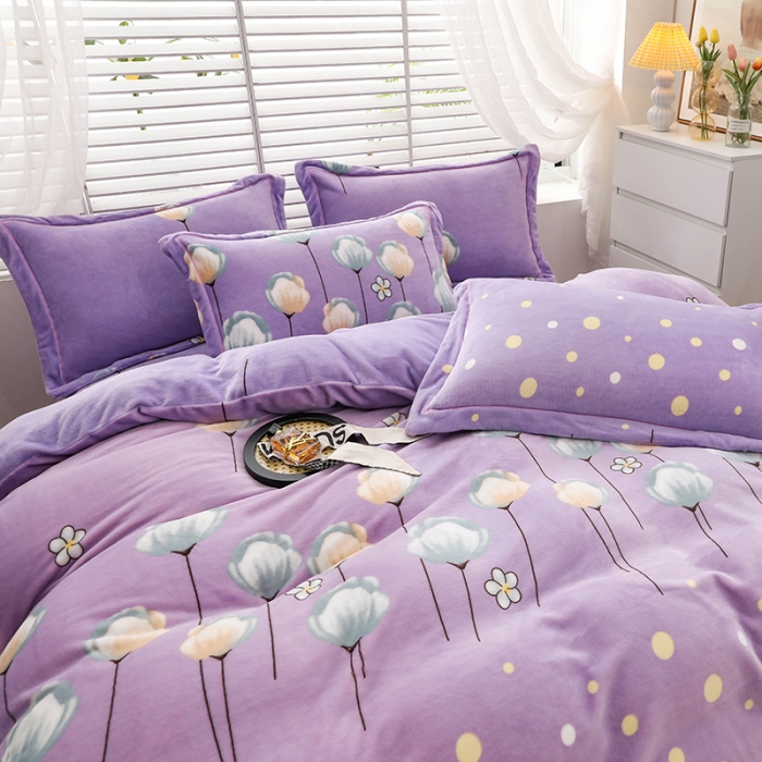 91家纺网 家纺一手货源 找家纺 优姿2022新款9斤重牛奶棉床裙款四件套 郁金花香-紫