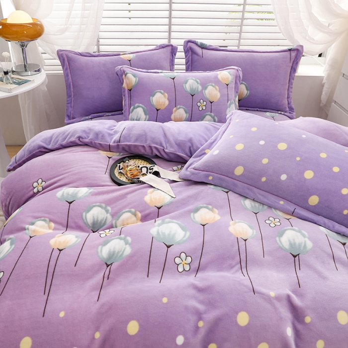 91家纺网 家纺一手货源 找家纺 优姿2022新款9斤重牛奶棉床裙款四件套 郁金花香-紫