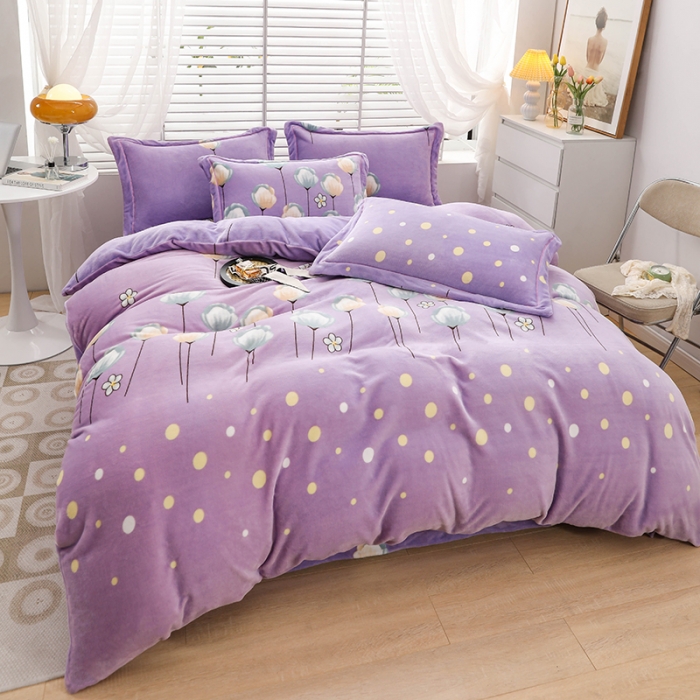 91家纺网 家纺一手货源 找家纺 优姿2022新款9斤重牛奶棉床裙款四件套 郁金花香-紫