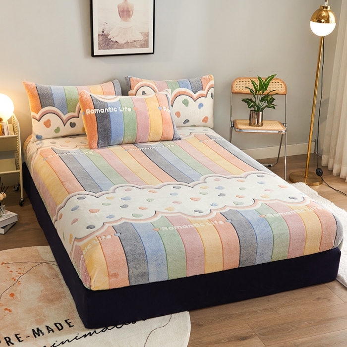 91家纺网 家纺一手货源 找家纺 被多多 2022新款3D立体高克重雪花绒印花床笠 爱心彩虹