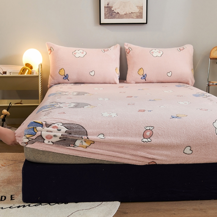 91家纺网 家纺一手货源 找家纺 被多多 2022新款3D立体高克重雪花绒印花床笠 樱桃女孩