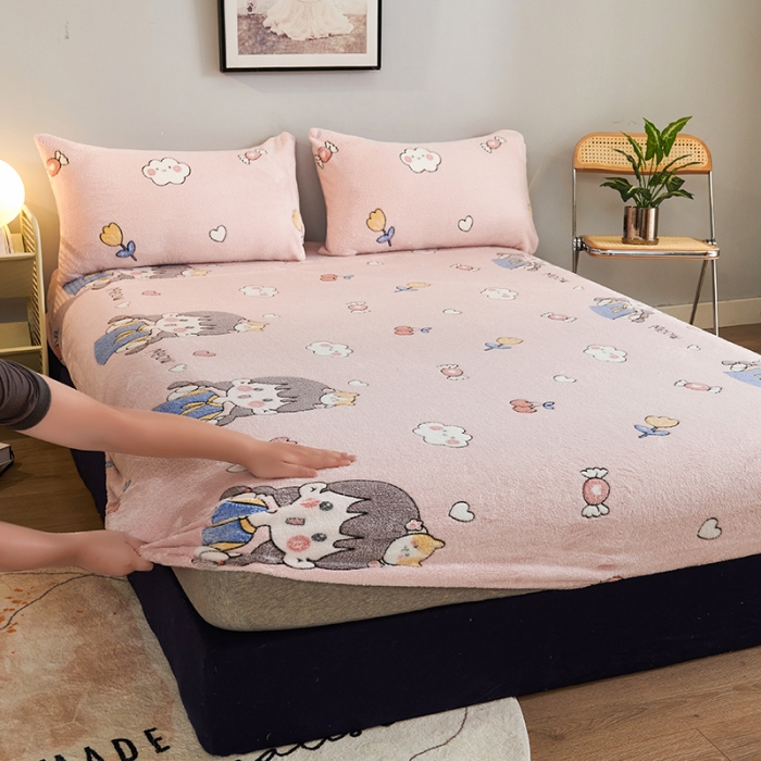 91家纺网 家纺一手货源 找家纺 被多多 2022新款3D立体高克重雪花绒印花床笠 樱桃女孩