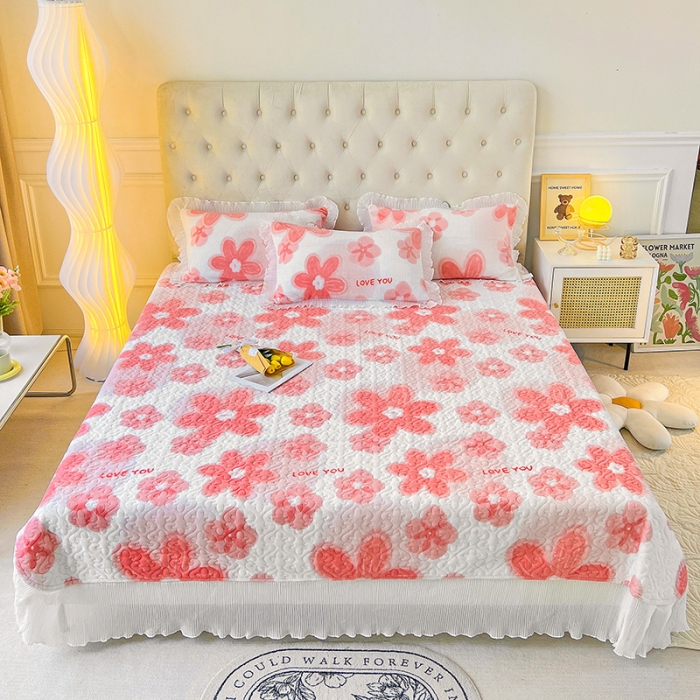 91家纺网 家纺一手货源 找家纺 澳梵  2022新款牛奶绒印花床盖三件套四件套 粉色花朵