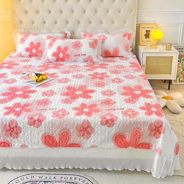 91家纺网 家纺一手货源 找家纺 澳梵  2022新款牛奶绒印花床盖三件套四件套 粉色花朵