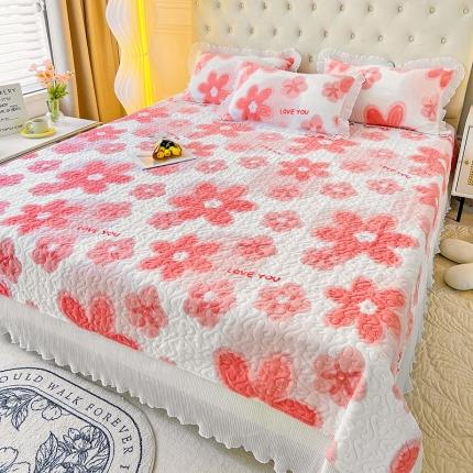 澳梵  2022新款牛奶绒印花床盖三件套四件套 粉色花朵