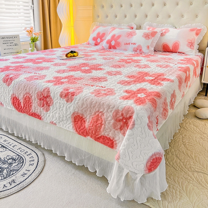91家纺网 家纺一手货源 找家纺 澳梵  2022新款牛奶绒印花床盖三件套四件套 粉色花朵