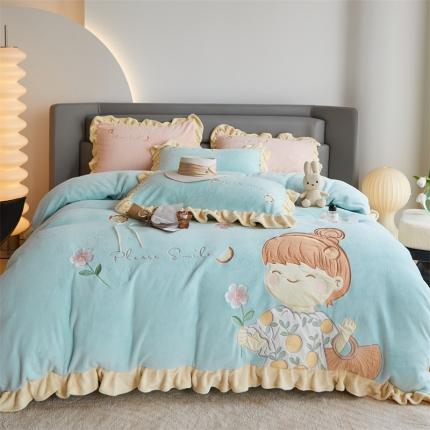 91家纺网 家纺一手货源 找家纺 总名品优仓2022新款230g牛奶绒刺绣贴布绣四件套可爱的你