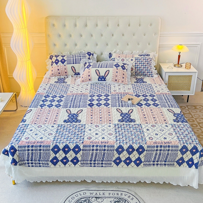 91家纺网 家纺一手货源 找家纺 澳梵  2022新款牛奶绒印花床盖三件套四件套 格子兔