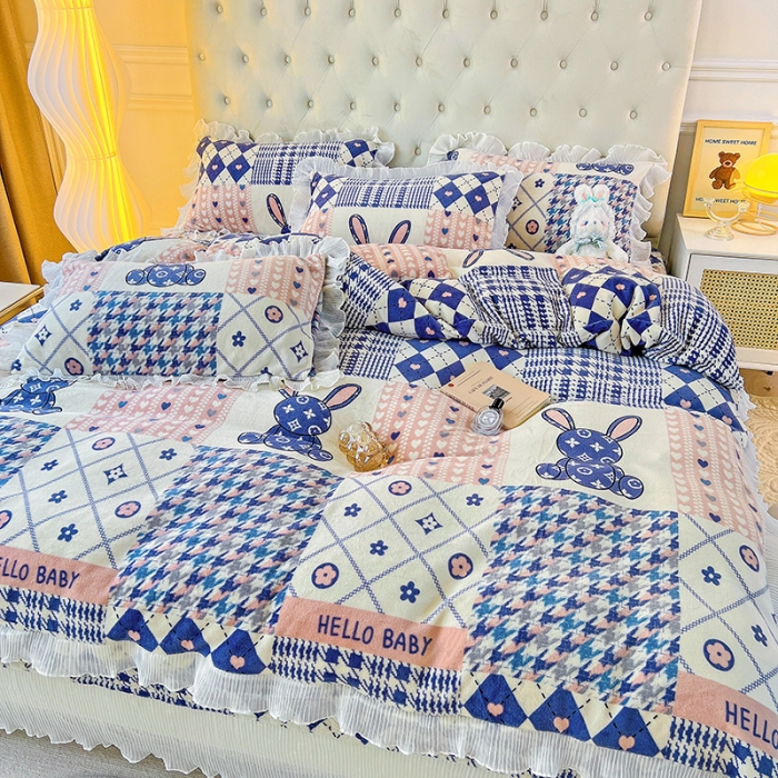 91家纺网 家纺一手货源 找家纺 澳梵  2022新款牛奶绒印花床盖三件套四件套 格子兔