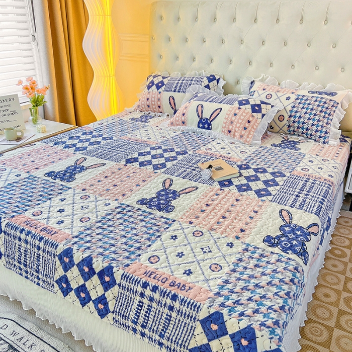 91家纺网 家纺一手货源 找家纺 澳梵  2022新款牛奶绒印花床盖三件套四件套 格子兔