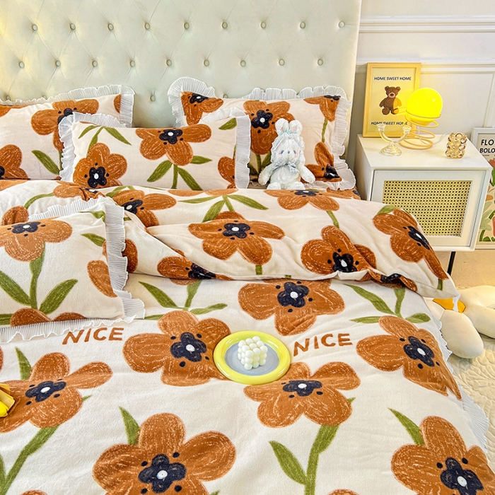 91家纺网 家纺一手货源 找家纺 澳梵  2022新款牛奶绒印花床盖三件套四件套 花心愿