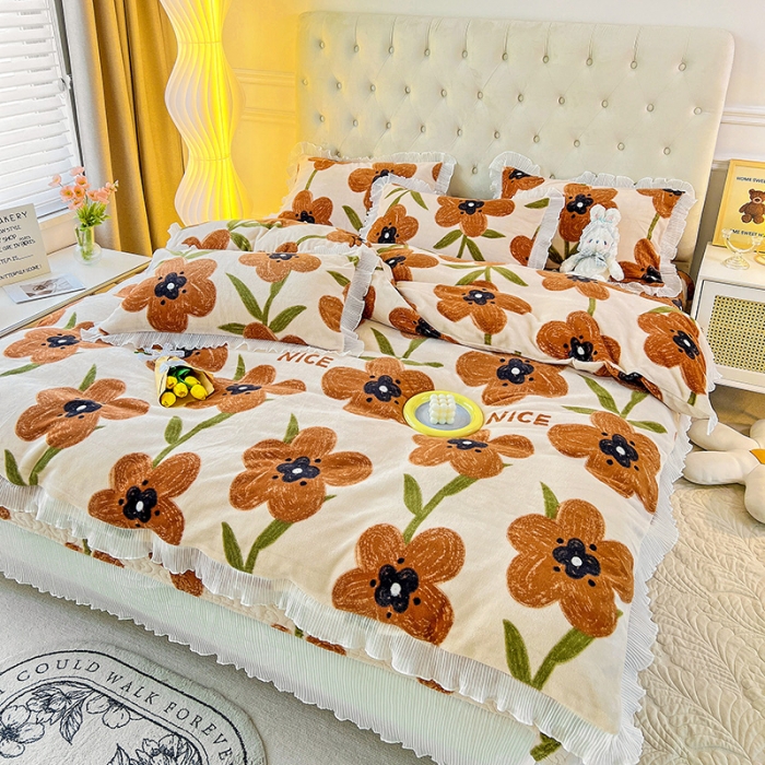 91家纺网 家纺一手货源 找家纺 澳梵  2022新款牛奶绒印花床盖三件套四件套 花心愿