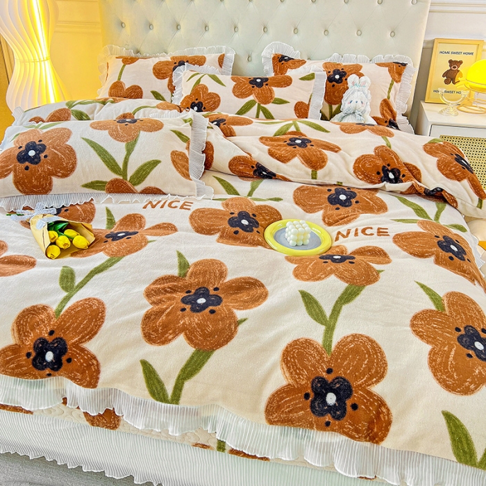 91家纺网 家纺一手货源 找家纺 澳梵  2022新款牛奶绒印花床盖三件套四件套 花心愿