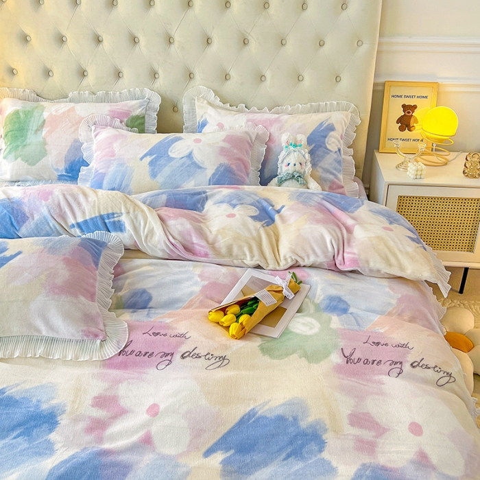 91家纺网 家纺一手货源 找家纺 澳梵  2022新款牛奶绒印花床盖三件套四件套 幻境