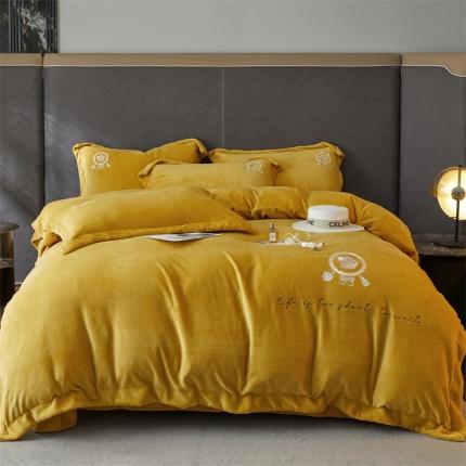 91家纺网 家纺一手货源 找家纺 名品优仓 2022新款200g牛奶绒刺绣四件套-唯美 浅嫩黄