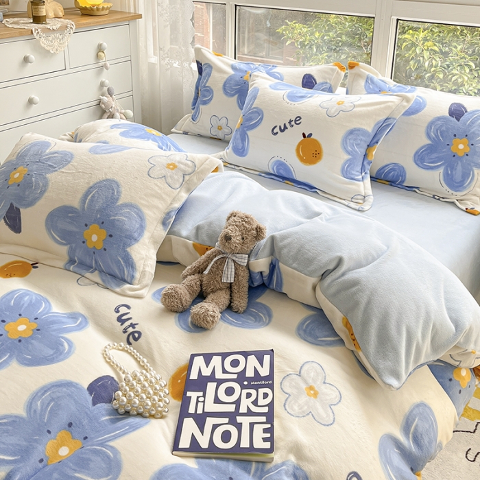 91家纺网 家纺一手货源 找家纺 柒月2022新款加厚牛奶绒四件套 向阳花蓝