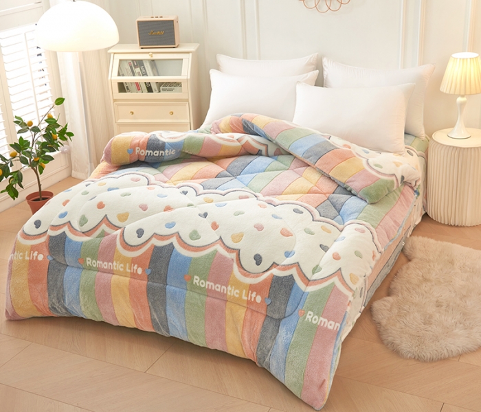 91家纺网 家纺一手货源 找家纺 被多多 2022新款高克重双面雪花绒印花冬被 爱心彩虹