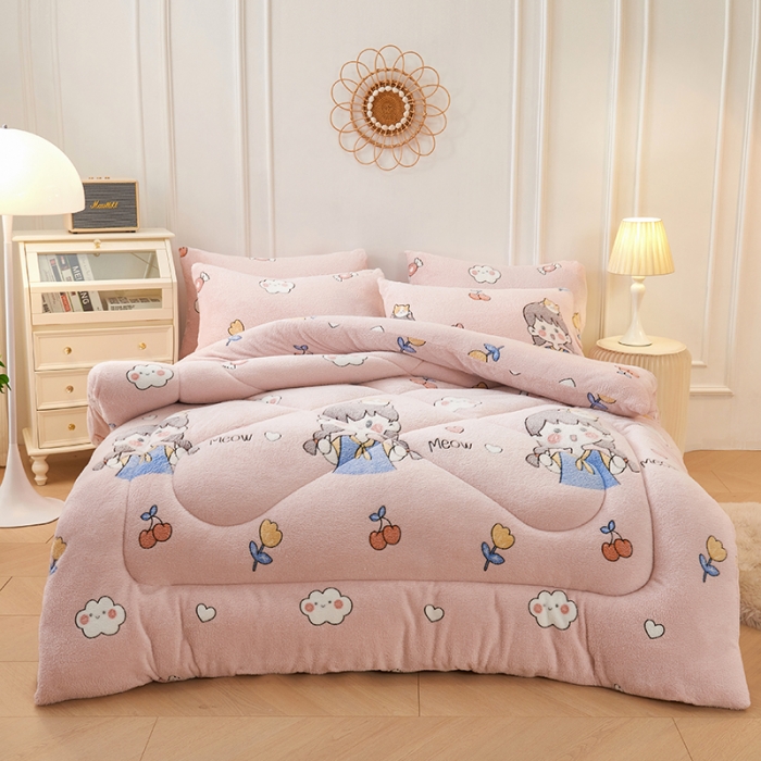 91家纺网 家纺一手货源 找家纺 被多多 2022新款高克重双面雪花绒印花冬被 樱桃女孩