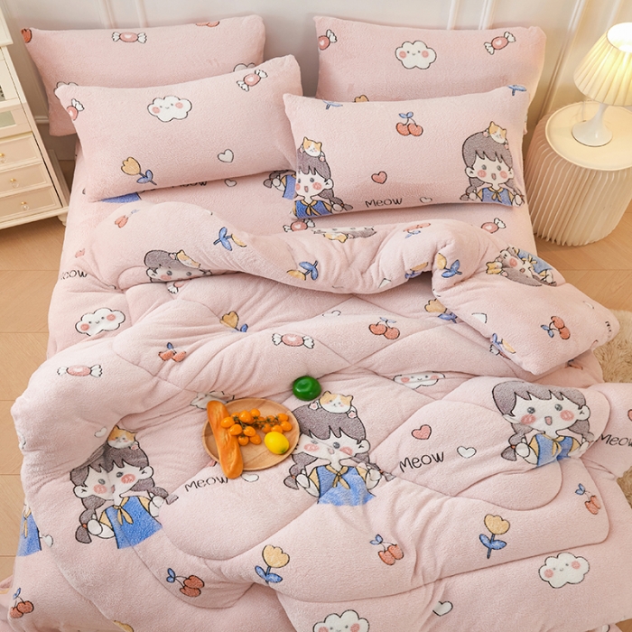 91家纺网 家纺一手货源 找家纺 被多多 2022新款高克重双面雪花绒印花冬被 樱桃女孩