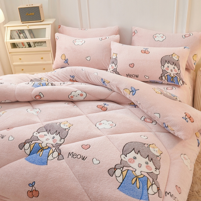 91家纺网 家纺一手货源 找家纺 被多多 2022新款高克重双面雪花绒印花冬被 樱桃女孩