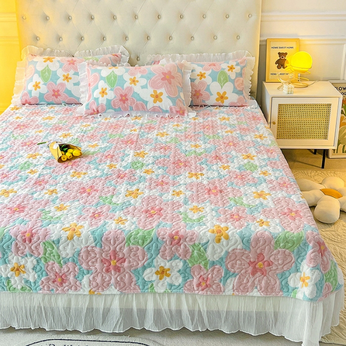 91家纺网 家纺一手货源 找家纺 澳梵  2022新款牛奶绒印花床盖三件套四件套 甜心花园