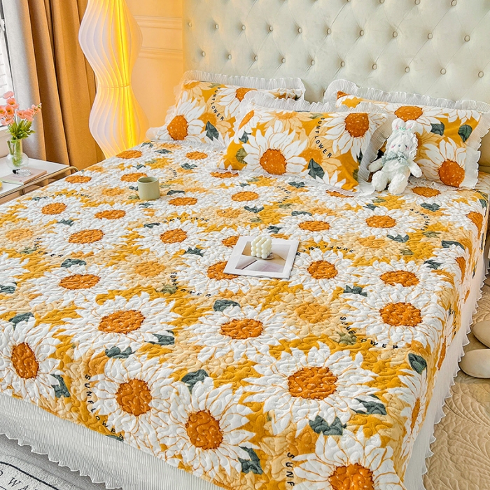 91家纺网 家纺一手货源 找家纺 澳梵  2022新款牛奶绒印花床盖三件套四件套 向日葵