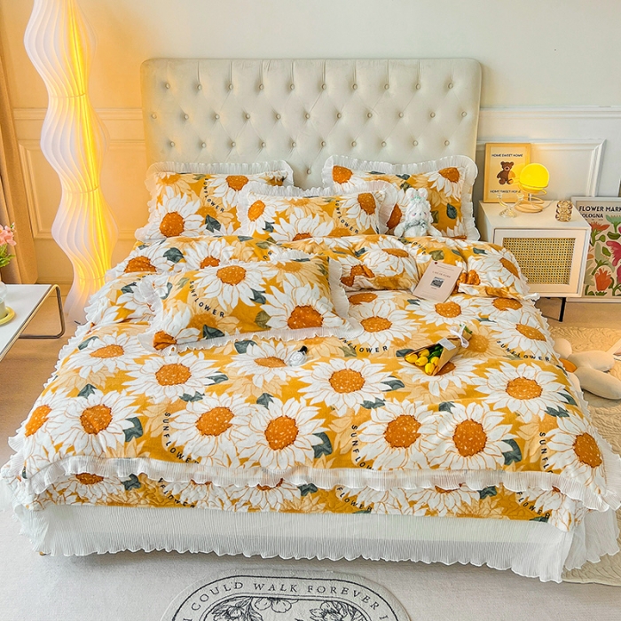 91家纺网 家纺一手货源 找家纺 澳梵  2022新款牛奶绒印花床盖三件套四件套 向日葵