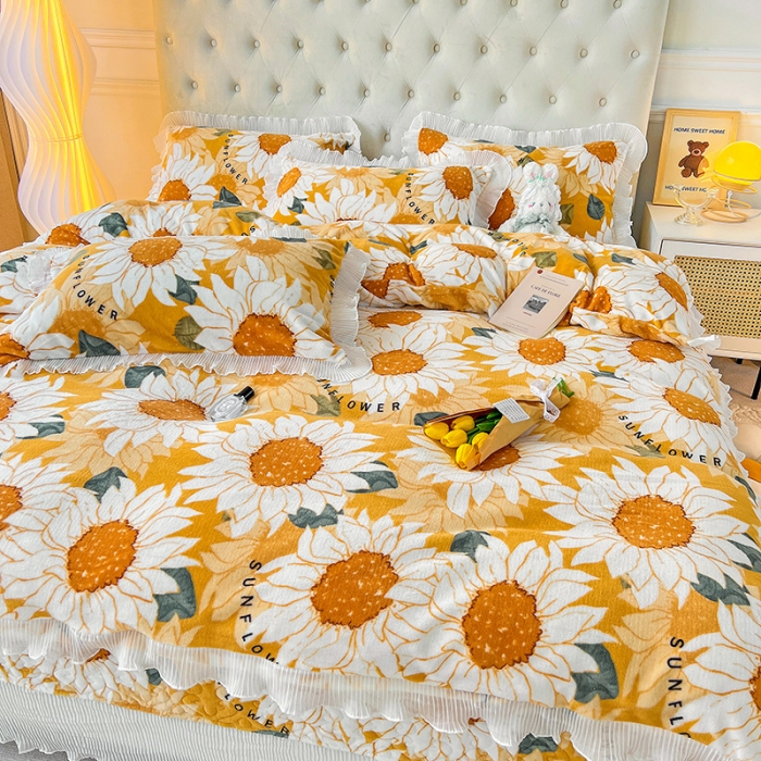 91家纺网 家纺一手货源 找家纺 澳梵  2022新款牛奶绒印花床盖三件套四件套 向日葵