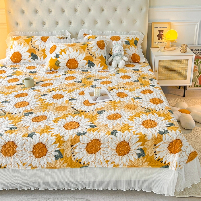 91家纺网 家纺一手货源 找家纺 澳梵  2022新款牛奶绒印花床盖三件套四件套 向日葵
