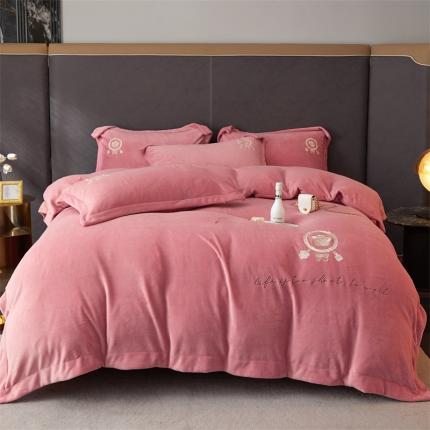 名品优仓 2022新款200g牛奶绒刺绣四件套-唯美 豆沙
