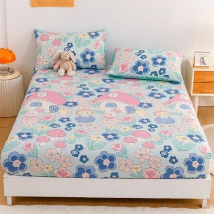 91家纺网 家纺一手货源 找家纺 名兮 2022新款全棉印花床笠 童话世界蓝