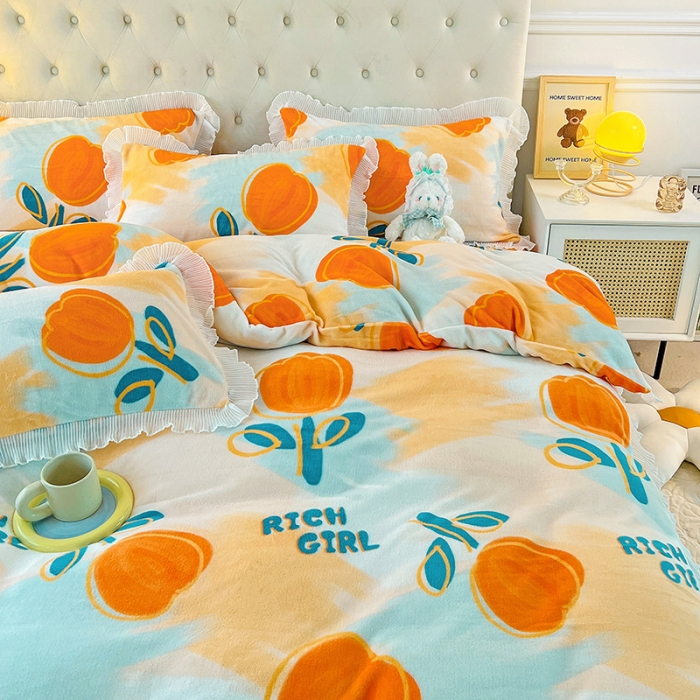 91家纺网 家纺一手货源 找家纺 澳梵  2022新款牛奶绒印花床盖三件套四件套 郁金香