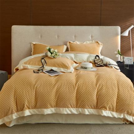 91家纺网 家纺一手货源 找家纺 名品优仓 2022新款加厚雕花绒系列四件套-都市生活 橘色