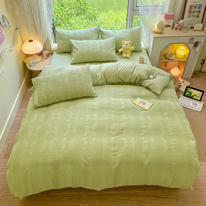 91家纺网 家纺一手货源 找家纺 2022新款琪格格纯棉三层纱四件套 云雾菱花 嫩绿