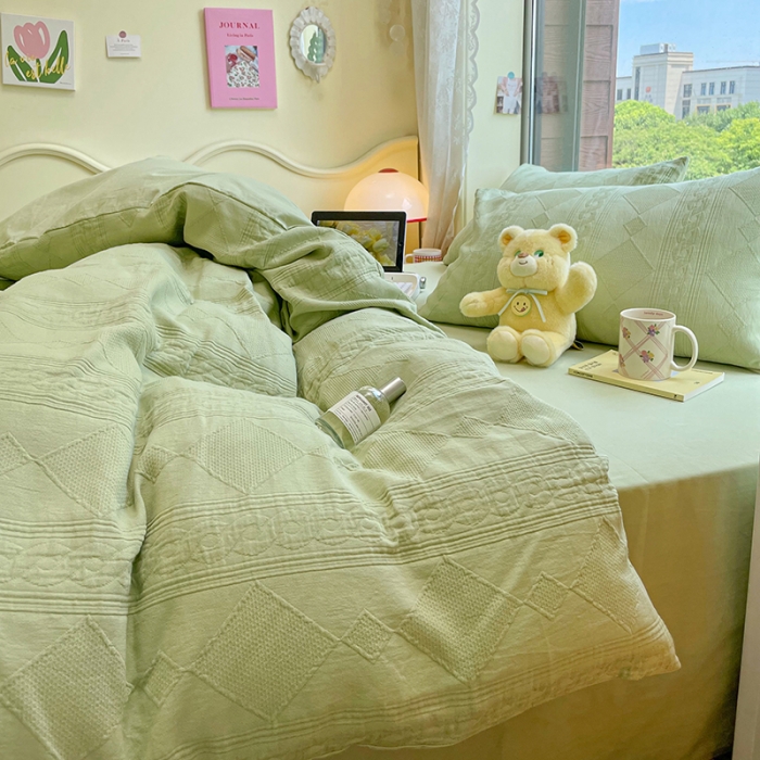 91家纺网 家纺一手货源 找家纺 2022新款琪格格纯棉三层纱四件套 云雾菱花 嫩绿