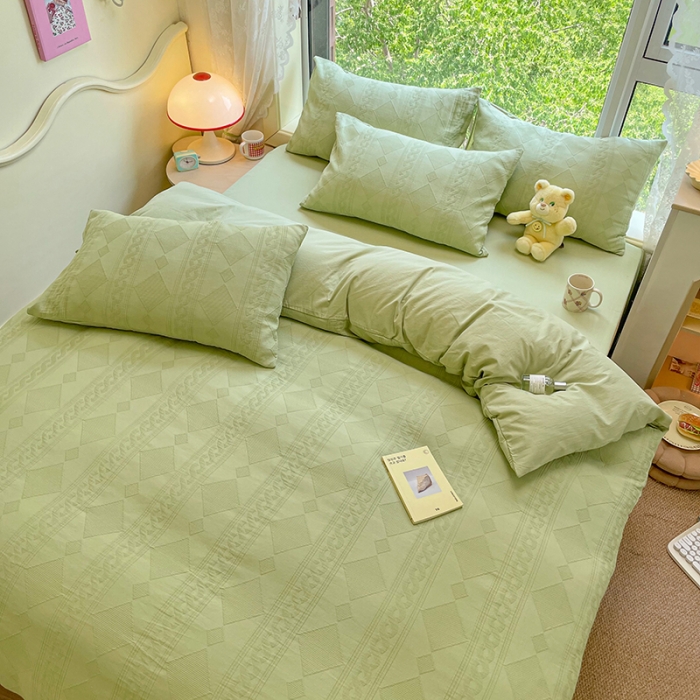 91家纺网 家纺一手货源 找家纺 2022新款琪格格纯棉三层纱四件套 云雾菱花 嫩绿