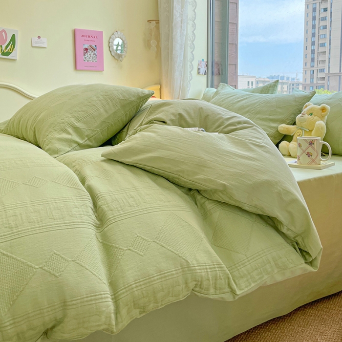 91家纺网 家纺一手货源 找家纺 2022新款琪格格纯棉三层纱四件套 云雾菱花 嫩绿