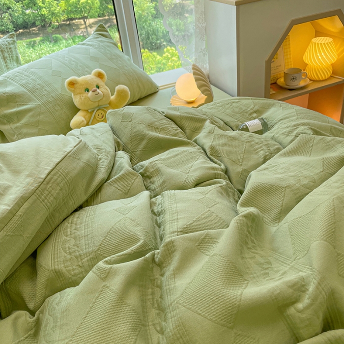 91家纺网 家纺一手货源 找家纺 2022新款琪格格纯棉三层纱四件套 云雾菱花 嫩绿