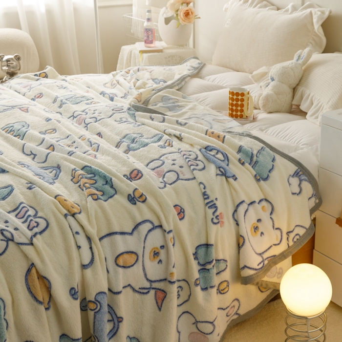 91家纺网 家纺一手货源 找家纺 慕尚2022新款雪花绒毛毯印花牛奶绒盖毯沙发午睡毯子动物巴士